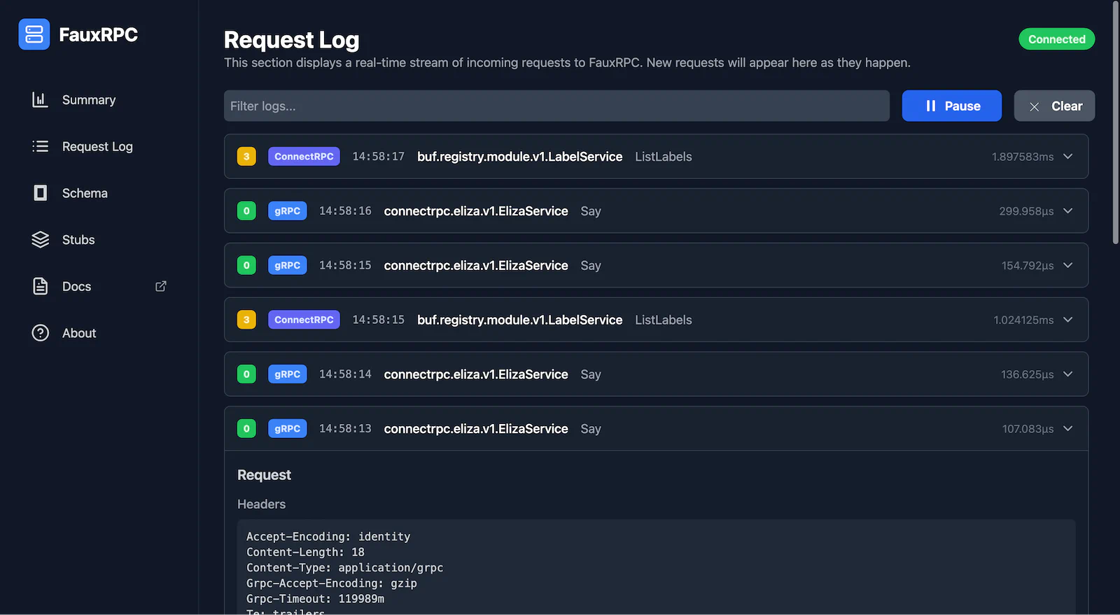 FauxRPC Request Log Screenshot